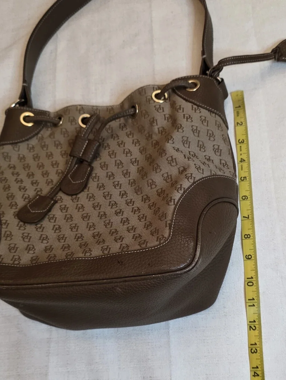Vintage Dooney & Bourke Signature Monogram Drawstring Bucket Bag Brown Hobo